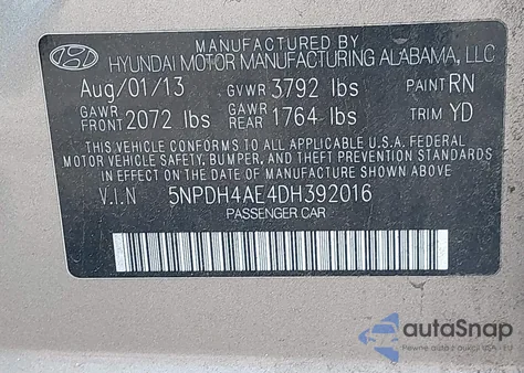 2013 Hyundai Elantra Gls z USA, uszkodzony, nr VIN 5NPDH4AE4DH392016